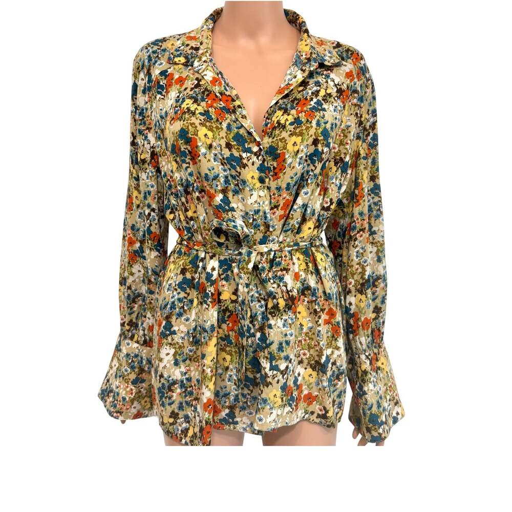 J.Jill large Wheat Painterly tie neck covered button bell sleeve top TLS2 3140